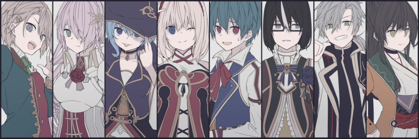 3boys, 5girls, adah_(grimms_notes), aqua_eyes, aqua_hair, black_hair, blonde_hair, blue_eyes, blue_hair, breasts, brown_hair, closed_mouth, clovis_(grimms_notes), ex_(grimms_notes), fam_(grimms_notes), glasses, green_eyes, grey_streaks, grimms_notes, iumi_urura, long_hair, looking_at_viewer, medium_hair, multicolored_hair, multiple_boys, multiple_girls, pink_hair, red_eyes, reina_(grimms_notes), shane_(grimms_notes), short_hair, smile, tao_(grimms_notes), third_(grimms_notes), tongue, tongue_out, two-tone_hair, upper_body, violet_eyes, yellow_eyes