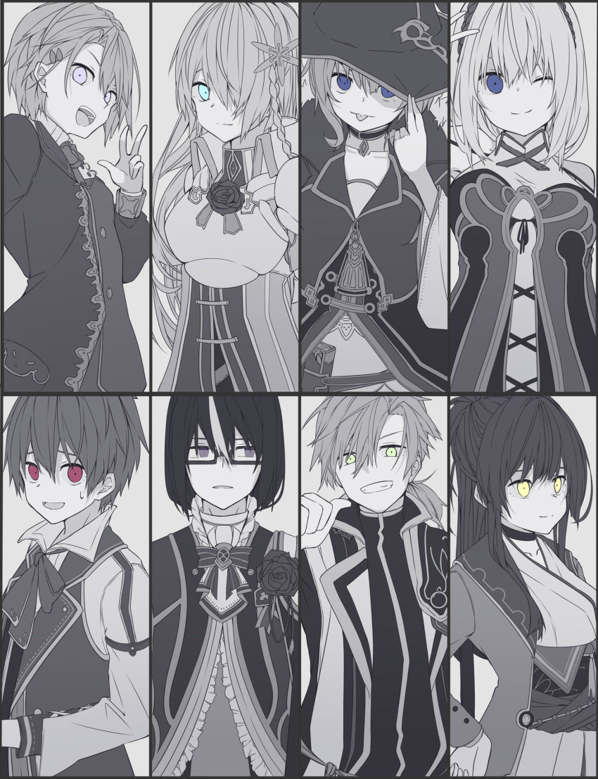 3boys, 5girls, adah_(grimms_notes), aqua_eyes, blue_eyes, breasts, closed_mouth, clovis_(grimms_notes), ex_(grimms_notes), fam_(grimms_notes), green_eyes, grimms_notes, highres, iumi_urura, long_hair, looking_at_viewer, medium_hair, multicolored_hair, multiple_boys, multiple_girls, partially_colored, red_eyes, reina_(grimms_notes), shane_(grimms_notes), short_hair, smile, tao_(grimms_notes), third_(grimms_notes), tongue, tongue_out, two-tone_hair, upper_body, violet_eyes, yellow_eyes
