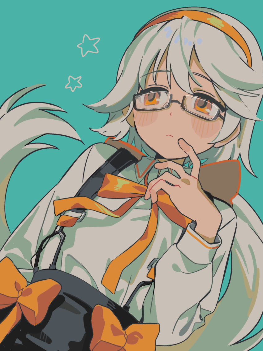 1girl, aqua_background, black-framed_eyewear, black_skirt, blush_stickers, bow, dot_nose, expressionless, facing_viewer, finger_to_cheek, floating_hair, glasses, hairband, hand_up, highres, long_hair, long_sleeves, looking_to_the_side, neck_ribbon, orange_bow, orange_eyes, orange_hairband, orange_ribbon, original, protected_link, ribbon, semi-rimless_eyewear, shirt, simple_background, skirt, solo, star_(symbol), straight_hair, suspender_skirt, suspenders, umipi, under-rim_eyewear, upper_body, very_long_hair, white_hair, white_shirt