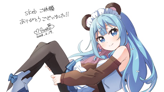 1girl, animal_ears, bare_shoulders, bear_ears, black_pantyhose, blue_eyes, blue_hair, blush, braid, brown_sleeves, closed_mouth, colored_inner_hair, commentary_request, commission, dated, detached_sleeves, dot_nose, dress, feet_out_of_frame, hair_ornament, haru_(konomi_150), indie_virtual_youtuber, long_hair, looking_at_viewer, maid_headdress, multicolored_hair, pantyhose, pink_hair, shigma_riu, shoes, signature, simple_background, single_braid, skeb_commission, sleeveless, sleeveless_dress, smile, solo, streaked_hair, virtual_youtuber, white_background, white_dress, white_hair, white_shoes