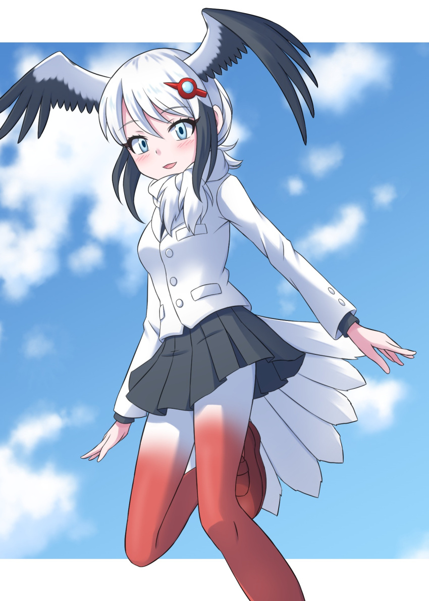 bird_girl, bird_tail, bird_wings, black_hair, black_skirt, blue_eyes, blue_sky, blush