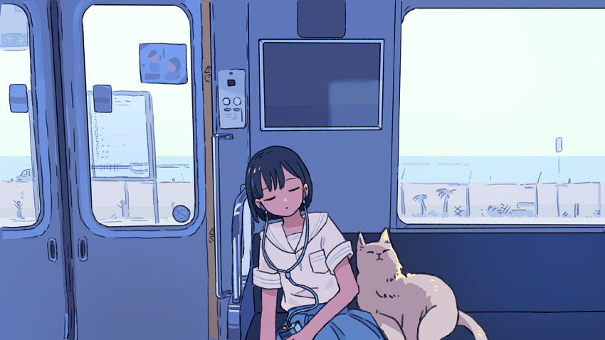 1girl, animal, black_hair, blue_skirt, cat, closed_eyes, closed_mouth, commentary