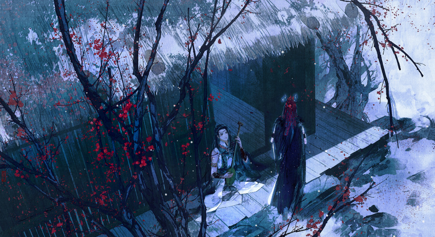 2boys, arm_warmers, armlet, bare_shoulders, bare_tree, black_eyes, black_robe, chinese_clothes