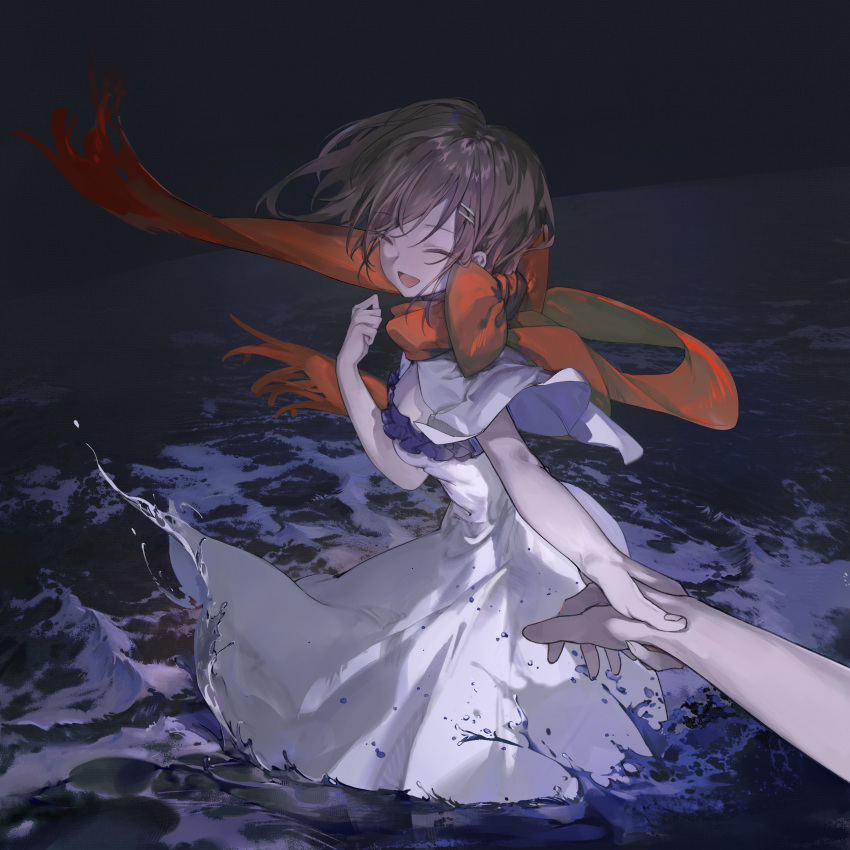 1girl, absurdres, amano_(amn_amn), bow, brown_hair, closed_eyes, commentary_request, dark