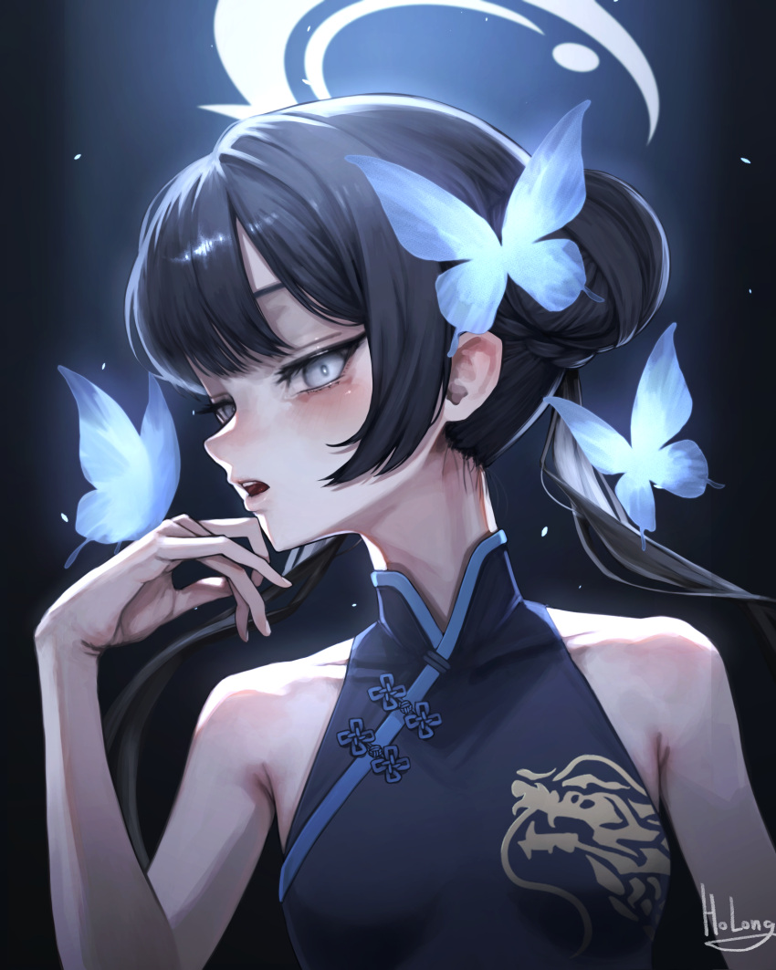 1girl, absurdres, bare_arms, bare_shoulders, black_dress, black_hair, blue_archive, blush