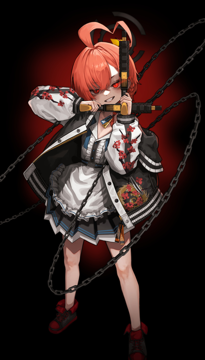 1girl, absurdres, ahoge, apron, black_halo, black_jacket, black_skirt, blue_archive