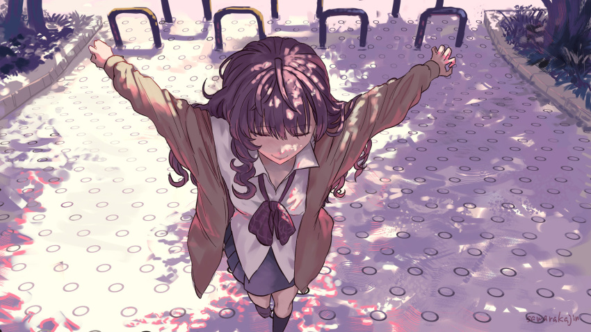 1girl, blunt_bangs, bollard, bow, bowtie, brown_cardigan, cardigan, closed_eyes