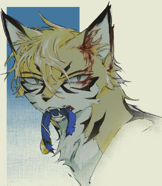 animal, animal_focus, blood, blood_on_face, blue_collar, body_fur, cat, collar, green_eyes, longtail, mouth_hold, multicolored_fur, no_humans, portrait, simple_background, solo, teeth, torn_collar, warrior_cats, wxlfpatch, yellow_fur