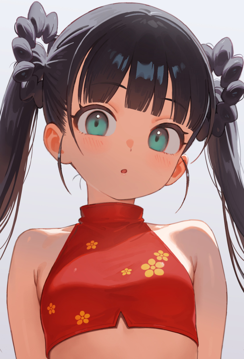 1girl, bare_shoulders, black_hair, blush, breasts, crop_top, green_eyes, highres