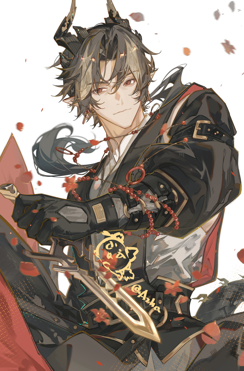 1boy, absurdres, arknights, azha8, belt, belt_buckle, black_belt, black_hair, blonde_hair, brown_eyes, buckle, chinese_commentary, chongyue_(arknights), closed_mouth, commentary_request, dagger, earrings, hair_between_eyes, hair_intakes, highres, holding, holding_dagger, holding_knife, holding_weapon, horns, jewelry, knife, light_smile, long_hair, looking_at_viewer, male_focus, pointy_ears, simple_background, solo, watermark, weapon, white_background