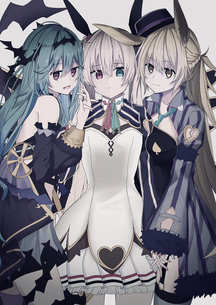 3girls, alternate_height, animal_ears, aqua_eyes, aqua_hair, black_hat, black_leotard, blonde_hair