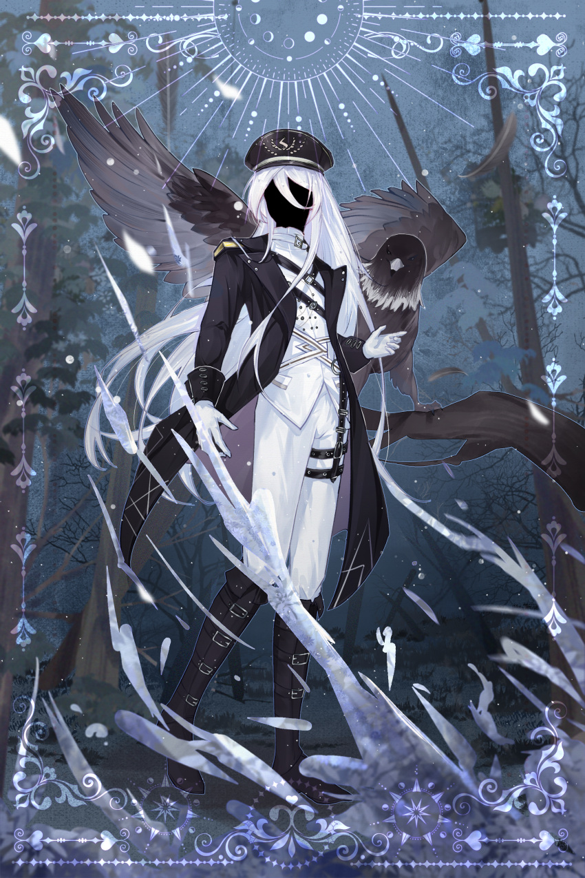 1boy, absurdres, baiguigelierwan, bird, black_boots, black_coat, black_hat, black_skin, blue_background, boots, border, branch, cael_anselm, cael_anselm_(spirit_world), chinese_commentary, coat, colored_skin, eagle, faceless, faceless_male, facing_viewer, fold-over_boots, forest, full_body, gloves, hair_between_eyes, hat, highres, jacket, knee_boots, long_bangs, long_hair, long_sleeves, lovebrush_chronicles, male_focus, military_uniform, moon_phases, nature, open_clothes, open_coat, ornate_border, pants, peaked_cap, shoulder_belt, sleeve_cuffs, solo, splatter, standing, thigh_strap, very_long_hair, white_gloves, white_hair, white_jacket, white_pants