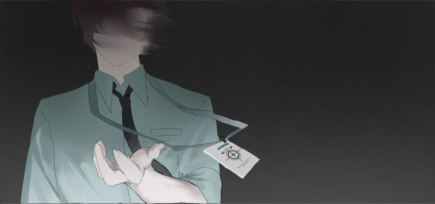 05ghxsu, 1boy, black_hair, black_necktie, blue_archive, blurry, highres, id_card