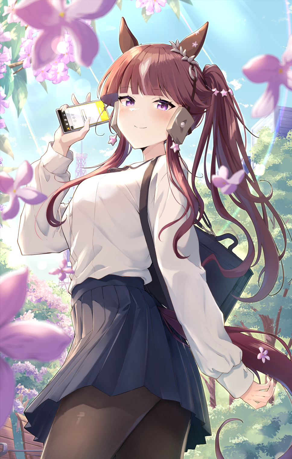 1girl, animal_ears, black_skirt, blue_sky, breasts, brown_hair, cellphone, closed_mouth, commentary_request, day, flower, highres, holding, holding_phone, horse_ears, horse_girl, horse_tail, long_hair, long_sleeves, looking_at_viewer, lucky_lilac_(umamusume), medium_breasts, murasaki_himuro, outdoors, petals, phone, pink_flower, pleated_skirt, shirt, side_ponytail, skirt, sky, smile, solo, tail, umamusume, violet_eyes, white_shirt