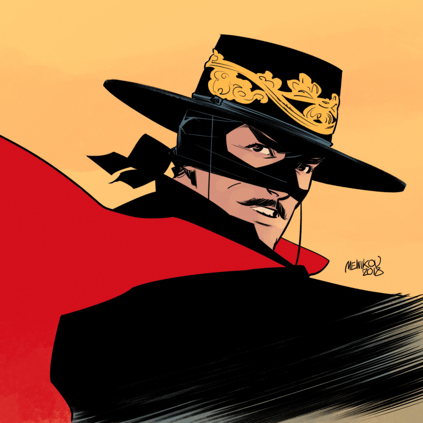 1boy, absurdres, black_hat, clenched_teeth, commentary, ermahgerddon, eye_mask, facial_hair, hat, highres, looking_to_the_side, male_focus, mustache, simple_background, solo, teeth, zorro, zorro_(character)