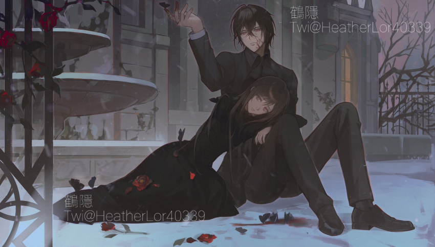 1boy, 1girl, black_coat, black_dress, black_hair, black_pants, brown_hair, chinese_commentary, coat, commentary_request, cross_yuki, dress, flower, full_body, heatherlor40339, highres, kuran_kaname, outdoors, pants, red_flower, sitting, snow, snowing, twitter_username, vampire_knight