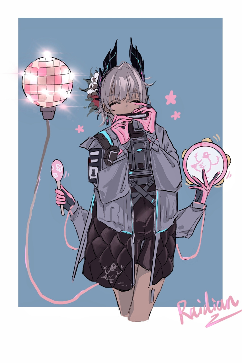 1girl, ^_^, aaa_shenmi_zuo_fan_ren, arknights, black_gloves, blue_background, border, character_name