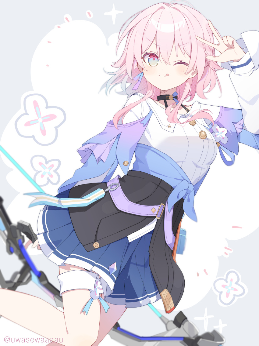 1girl, absurdres, black_choker, black_overskirt, blue_eyes, blue_jacket, blue_skirt, bow_(weapon)