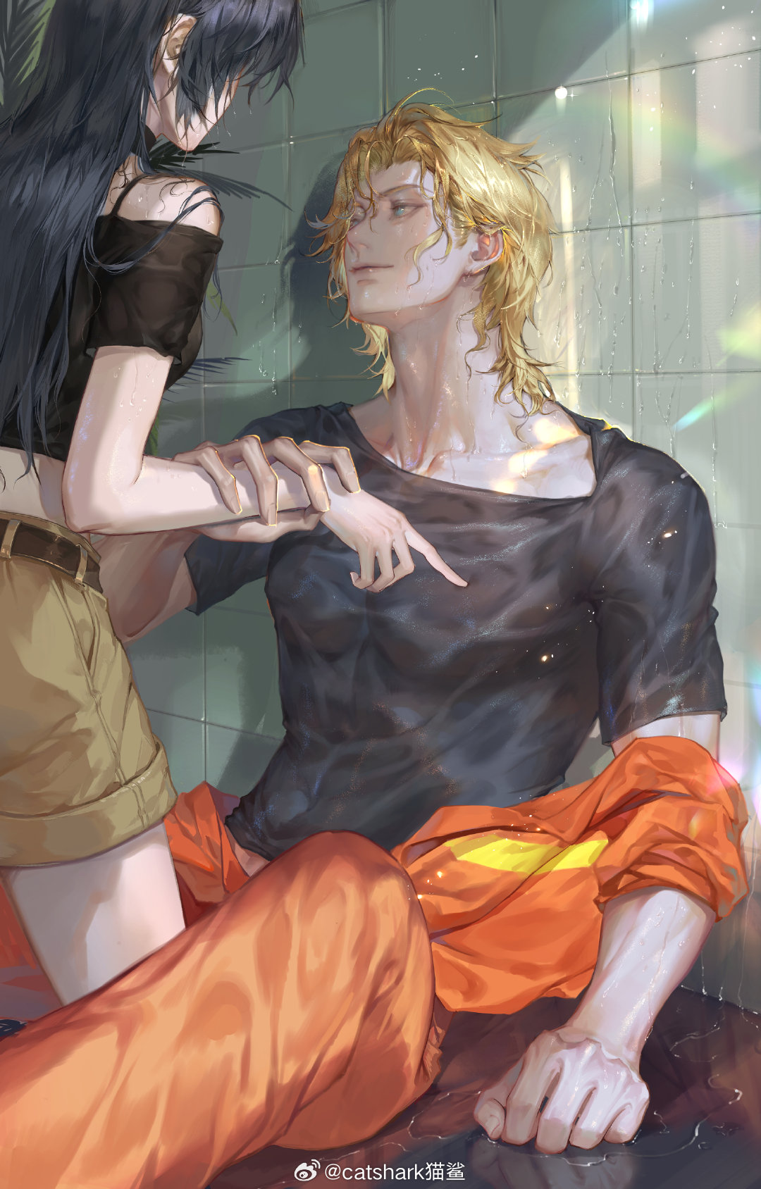 1boy, 1girl, aqua_eyes, bare_shoulders, belt, black_belt, black_hair, black_shirt