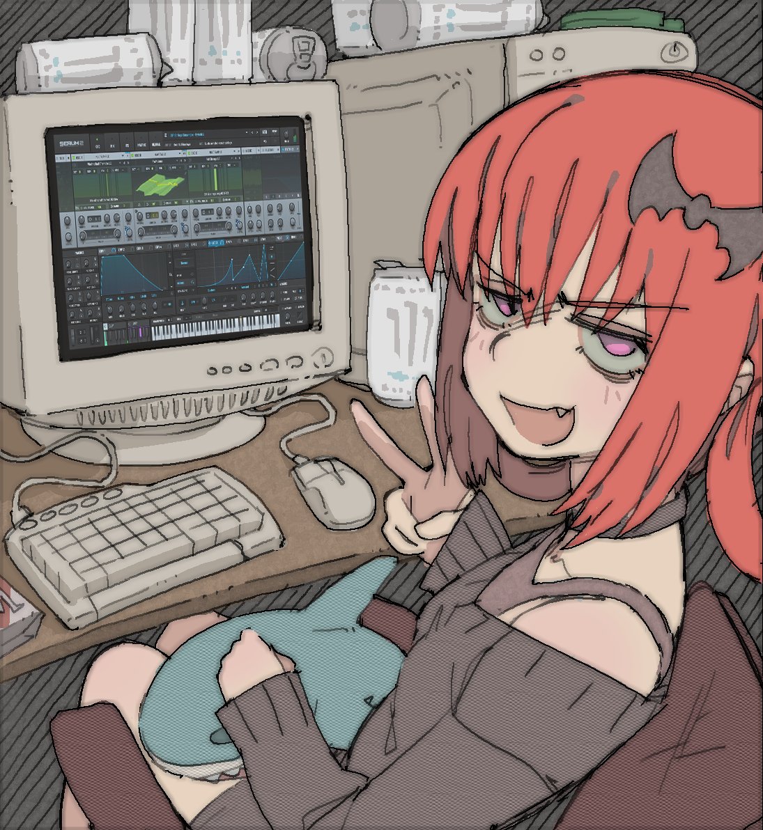 1girl, :d, black_choker, brown_sweater, can, chair, choker, commentary