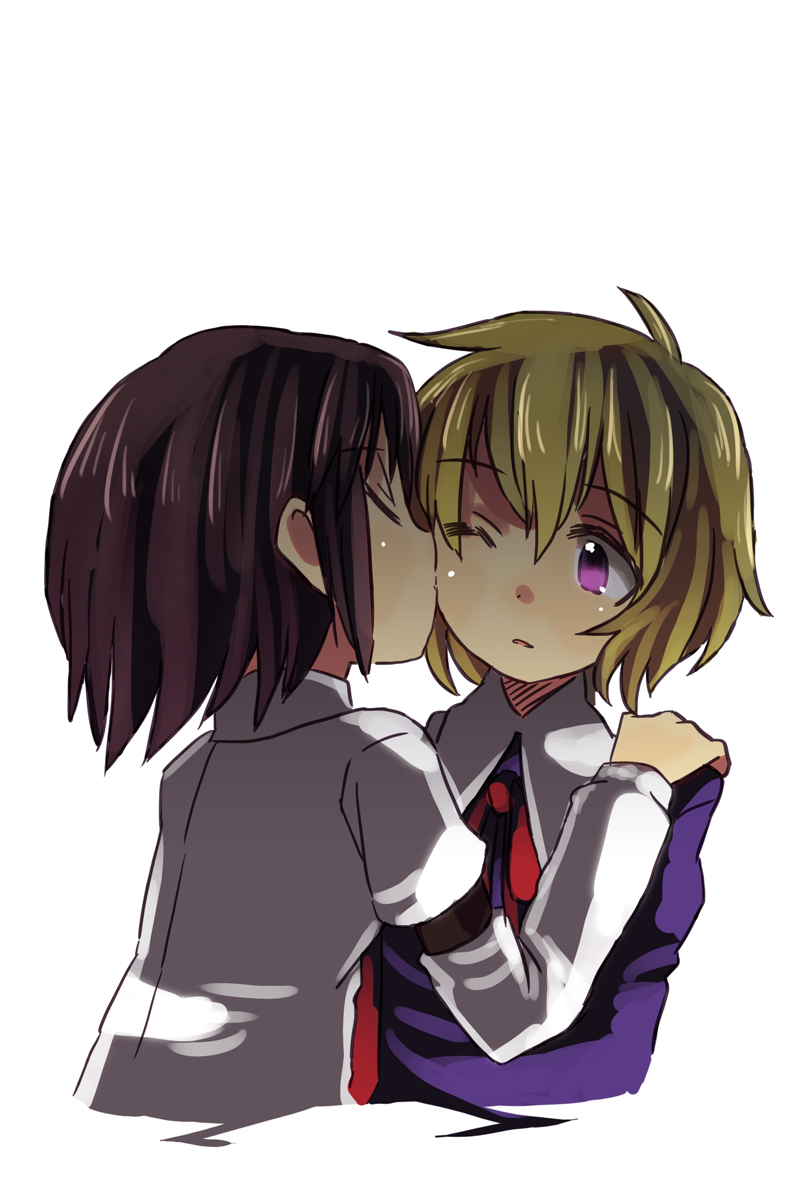 bad_id, black_hair, bust, cheek_kiss, closed_eyes, hachi_(8bit_canvas), hand_on_shoulder, highres, kiss, kiss_on_cheek, maribel_hearn, multiple_girls, no_hat, no_headwear, purple_eyes, short_hair, touhou, usami_renko, violet_eyes, wink, yuri