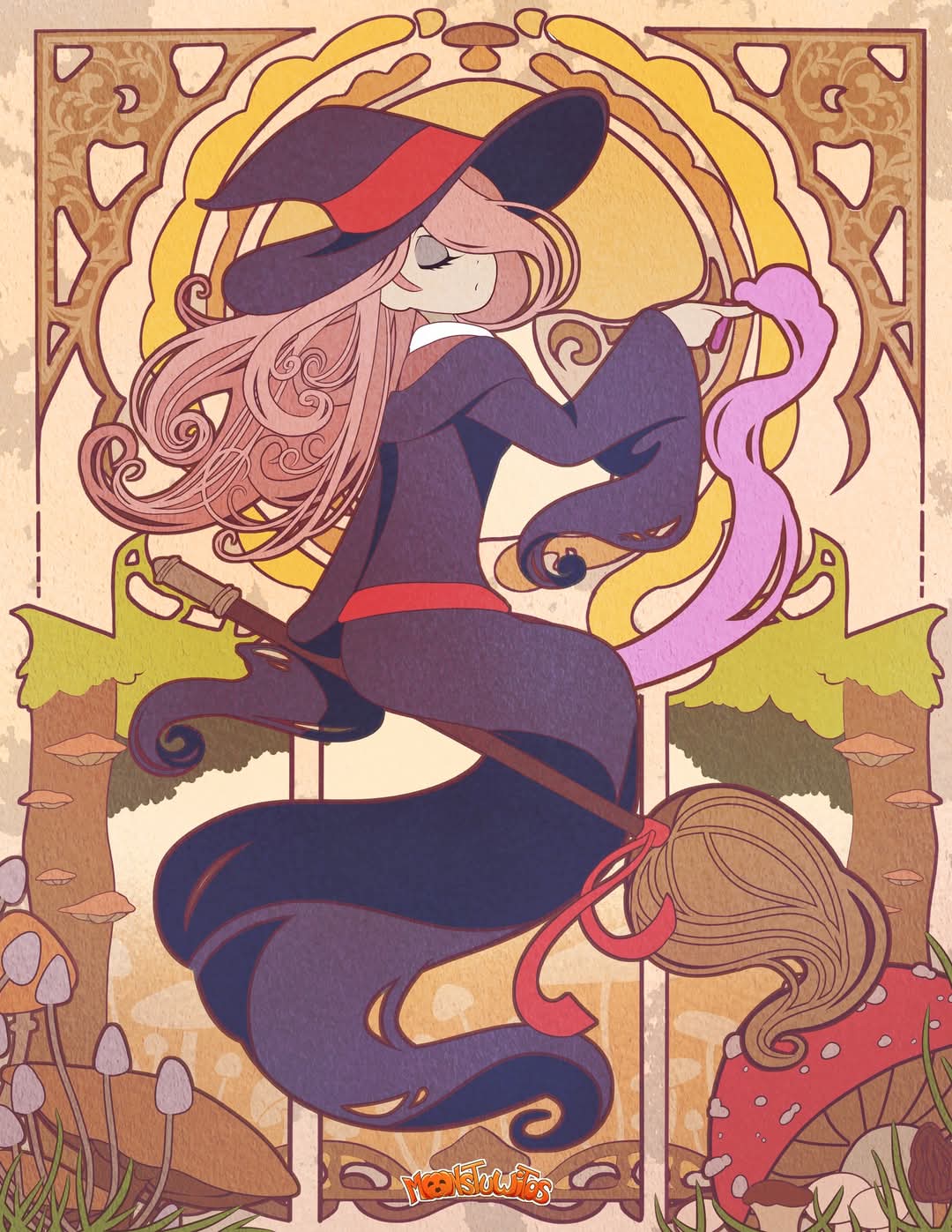 1girl, art_nouveau, broom, broom_riding, commentary, dress, english_commentary, eyeliner
