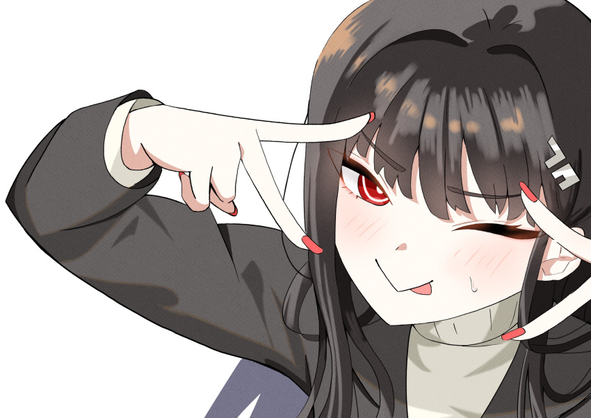 1girl, ;p, black_hair, black_jacket, blazer, blue_archive, blush, commentary_request