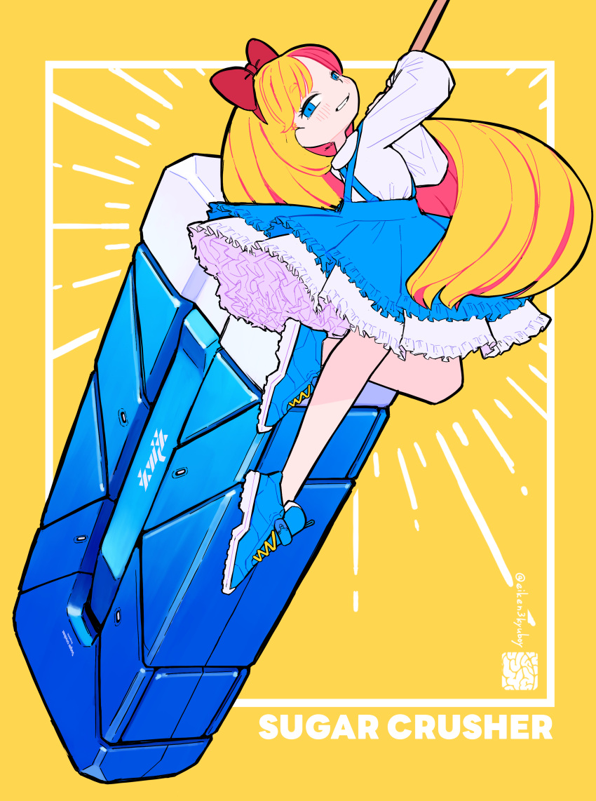 1girl, absurdres, blue_dress, blue_eyes, blue_shoes, blue_skirt, bow, colored_inner_hair, commentary_request, dress, food-themed_weapon, frills, grin, hair_bow, highres, holding, holding_weapon, iwako_(eiken3kyuboy), jumping, layered_skirt, legs, long_hair, looking_at_viewer, multicolored_hair, original, parted_bangs, red_bow, red_hair, shirt, shirt_tucked_in, shoes, sideways_glance, skirt, smile, sneakers, solo, streaked_hair, suspender_skirt, suspenders, title, weapon, white_shirt, yellow_background