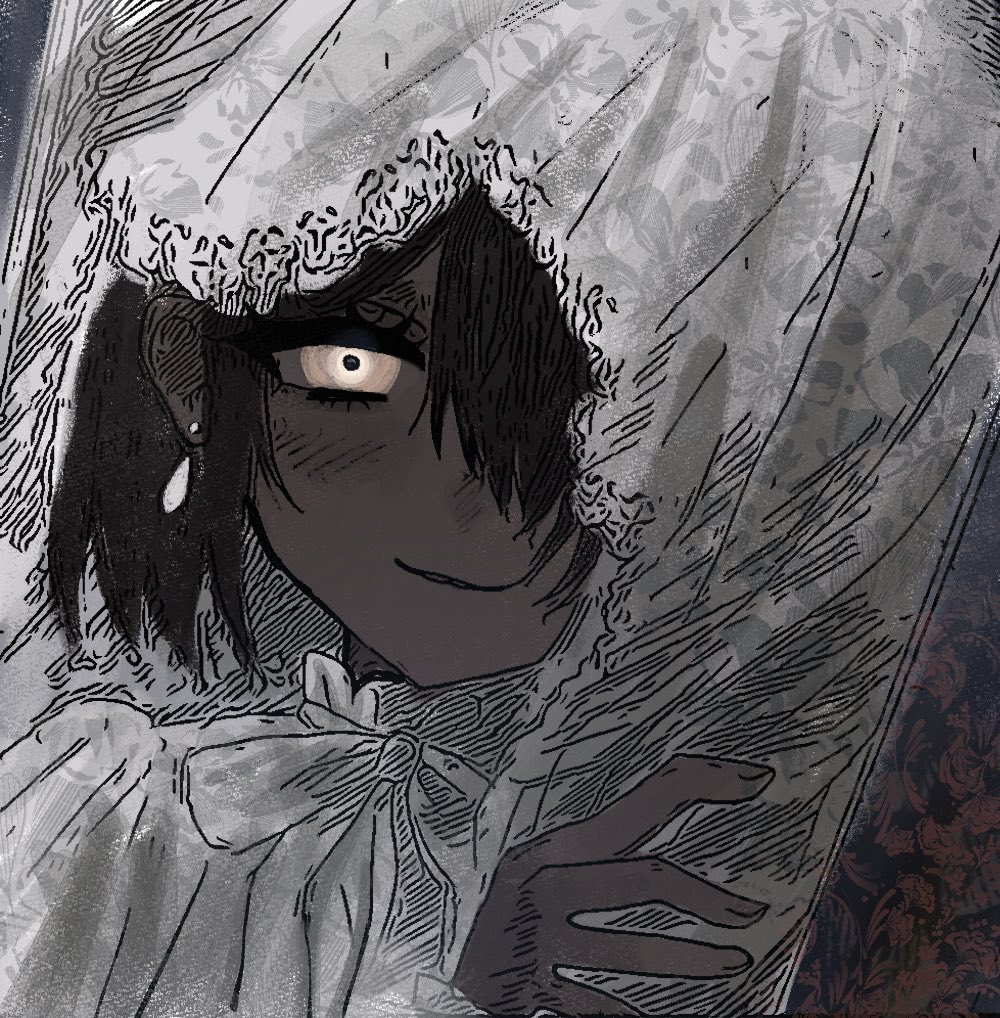 1girl, akai_ringo_(eveyuno), black_hair, black_sclera, black_skin, colored_sclera, colored_skin, commentary, curtains, earrings, hair_over_one_eye, hand_up, holding_curtain, jewelry, looking_at_viewer, neck_ribbon, original, ribbon, short_hair, smile, solo, upper_body, white_eyes, white_ribbon