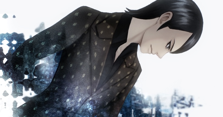1boy, black_eyes, black_hair, blurry, blurry_background, brown_suit, formal_clothes, from_side