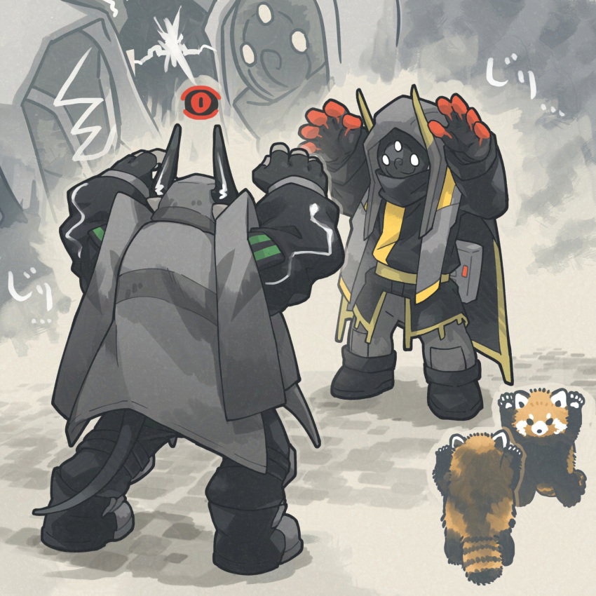 arknights, arms_up, black_boots, black_mask, black_shirt, boots, commentary_request, full_body, grey_background, grey_cloak, grey_pants, highres, hood, hood_up, horns, long_sleeves, looking_at_another, male_focus, morini_ochiteru, pants, red_panda, sarkaz_grudgebearer_(arknights), shirt, tail, trait_connection