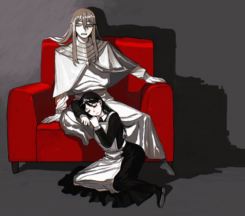 1boy, 1girl, apron, arkos_(centuria), armchair, black_hair, black_shoes, bracer, brown_hair, capelet, centuria_(manga), chair, closed_eyes, commentary, easy_chair, gorget, grey_eyes, hair_between_eyes, highres, jitome, kuramori_tohru, lap_pillow, long_bangs, long_hair, looking_to_the_side, maid, maid_apron, official_art, reclining, resting, robe, shadow, sharp_teeth, shoes, teeth, white_capelet, white_robe, zira_(centuria)