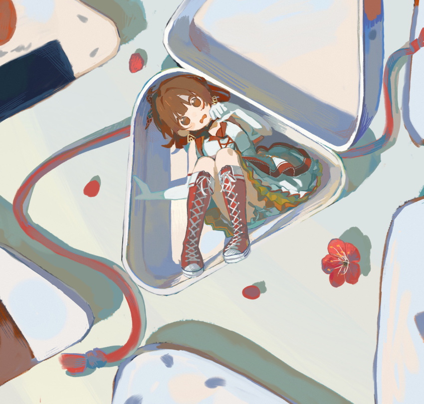 1girl, absurdres, ahoge, boots, box, brown_eyes, brown_hair, commentary