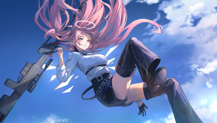 1girl, absurdres, ammunition_belt, arknights, belt, black_belt, black_gloves, black_shoes