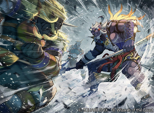 3boys, beard, biran_ronso, blonde_hair, blue_fur, broken_horn, clenched_teeth, commentary