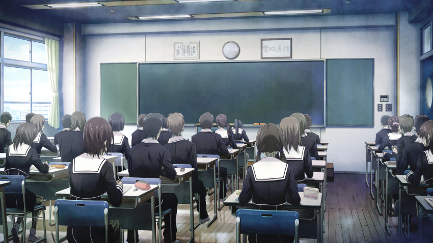 6+boys, 6+girls, black_hair, black_jacket, black_pants, blazer, board_eraser, brown_hair