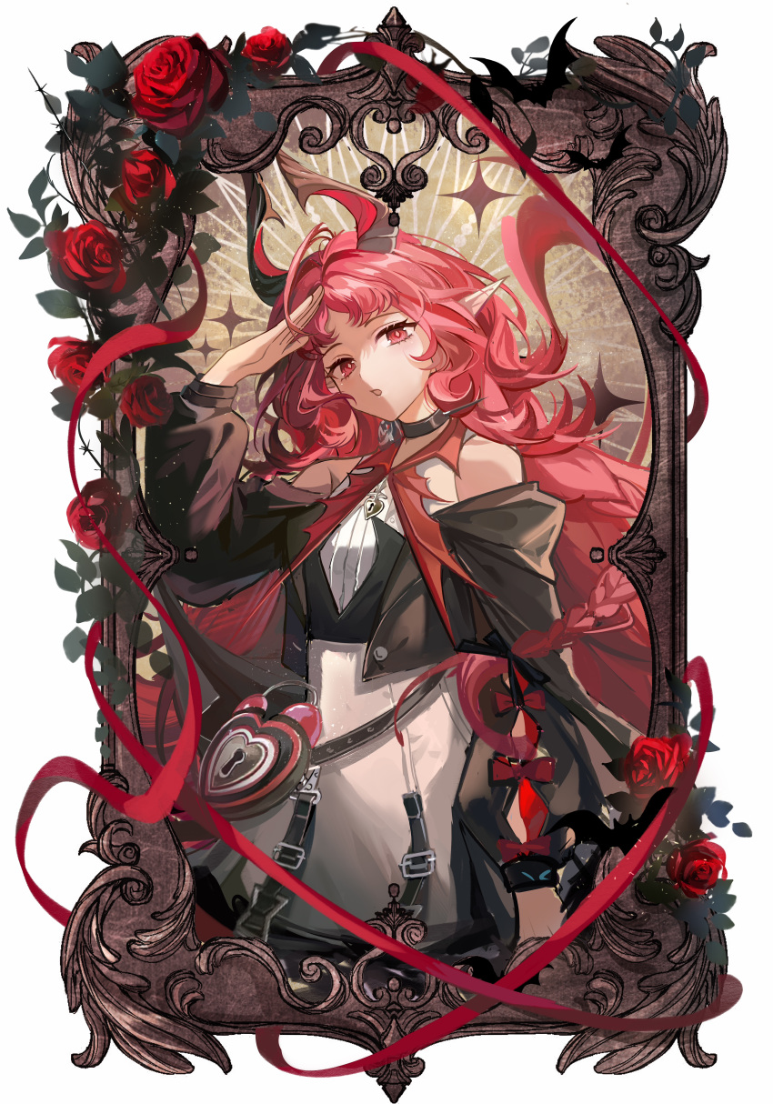 1girl, absurdres, arknights, arm_up, bare_shoulders, black_collar, border, bright_pupils