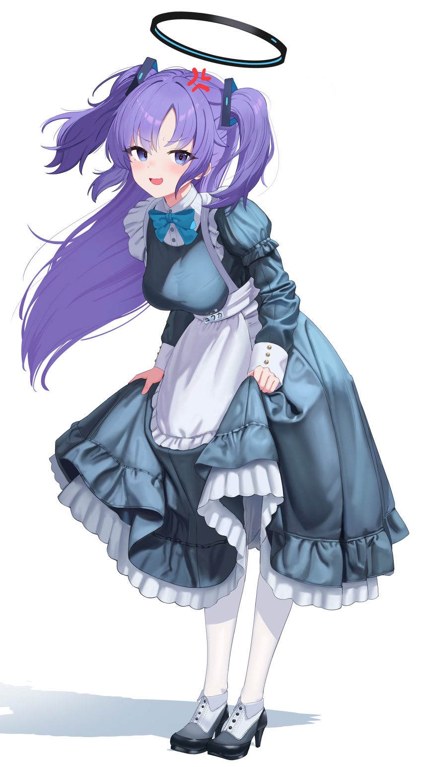 1girl, absurdres, anger_vein, apron, black_halo, black_shoes, blue_archive, blue_bow