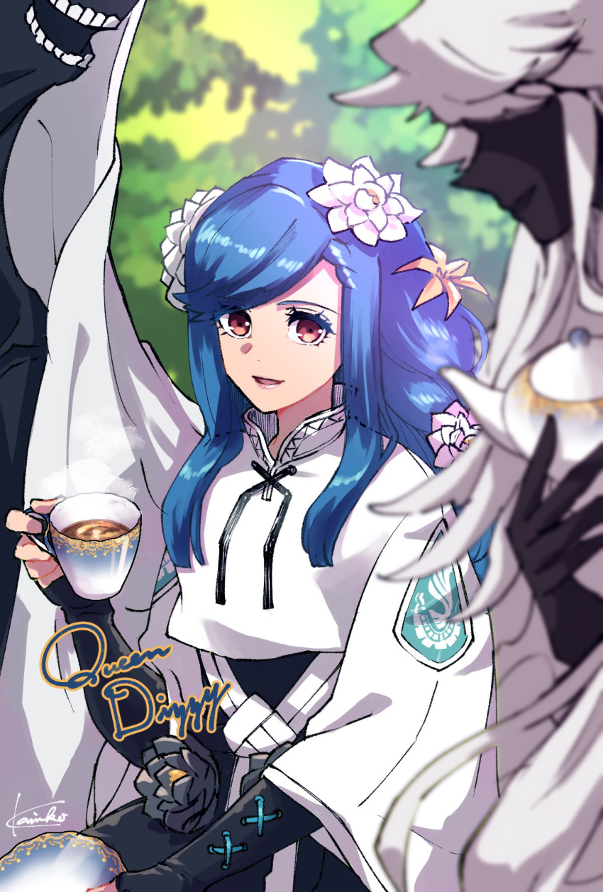 angel_wings, black_dress, blue_hair, character_name, cup, dizzy_(guilty_gear), dress, flower