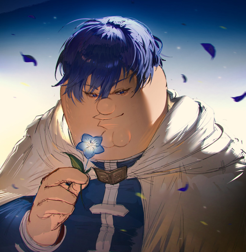 1boy, blue_eyes, blue_flower, blue_hair, blue_jacket, cleft_chin, cloak, cosplay