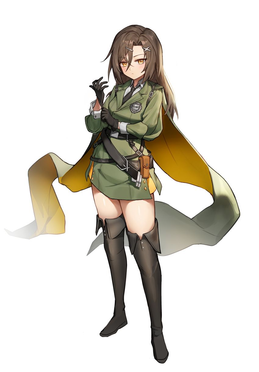 1girl, absurdres, belt, black_gloves, black_thighhighs, boots, brown_hair, cape