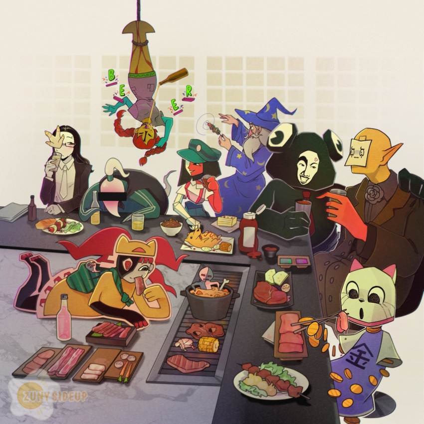 1other, 4boys, 4girls, anger_vein, bar_censor, black_hair, blue_robe, bone