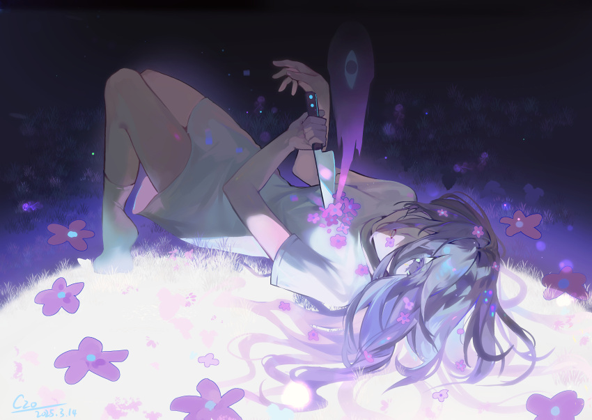 1girl, absurdres, black_eyes, black_hair, czorimu, dress, highres, holding, holding_knife, knife, long_hair, looking_at_viewer, lying, mari_(faraway)_(omori), mari_(omori), omori, on_back, parted_lips, short_sleeves, socks, solo, something_(omori), spoilers, stab, white_dress, white_socks
