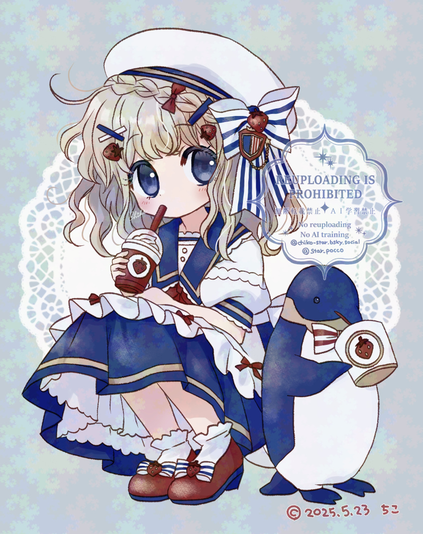 1girl, absurdres, artist_name, bird, blonde_hair, blue_eyes, blue_sailor_collar, blue_skirt, braid, chiko_(star_pocco), cup, dated, drinking_straw, drinking_straw_in_mouth, food, fruit, full_body, hat, hat_ribbon, highres, holding, holding_cup, looking_at_viewer, medium_hair, monkey_girl, original, penguin, puffy_short_sleeves, puffy_sleeves, red_shoes, ribbon, sailor_collar, sailor_hat, shirt, shoes, short_sleeves, signature, skirt, socks, squatting, strawberry, striped_ribbon, watermark, white_shirt, white_socks