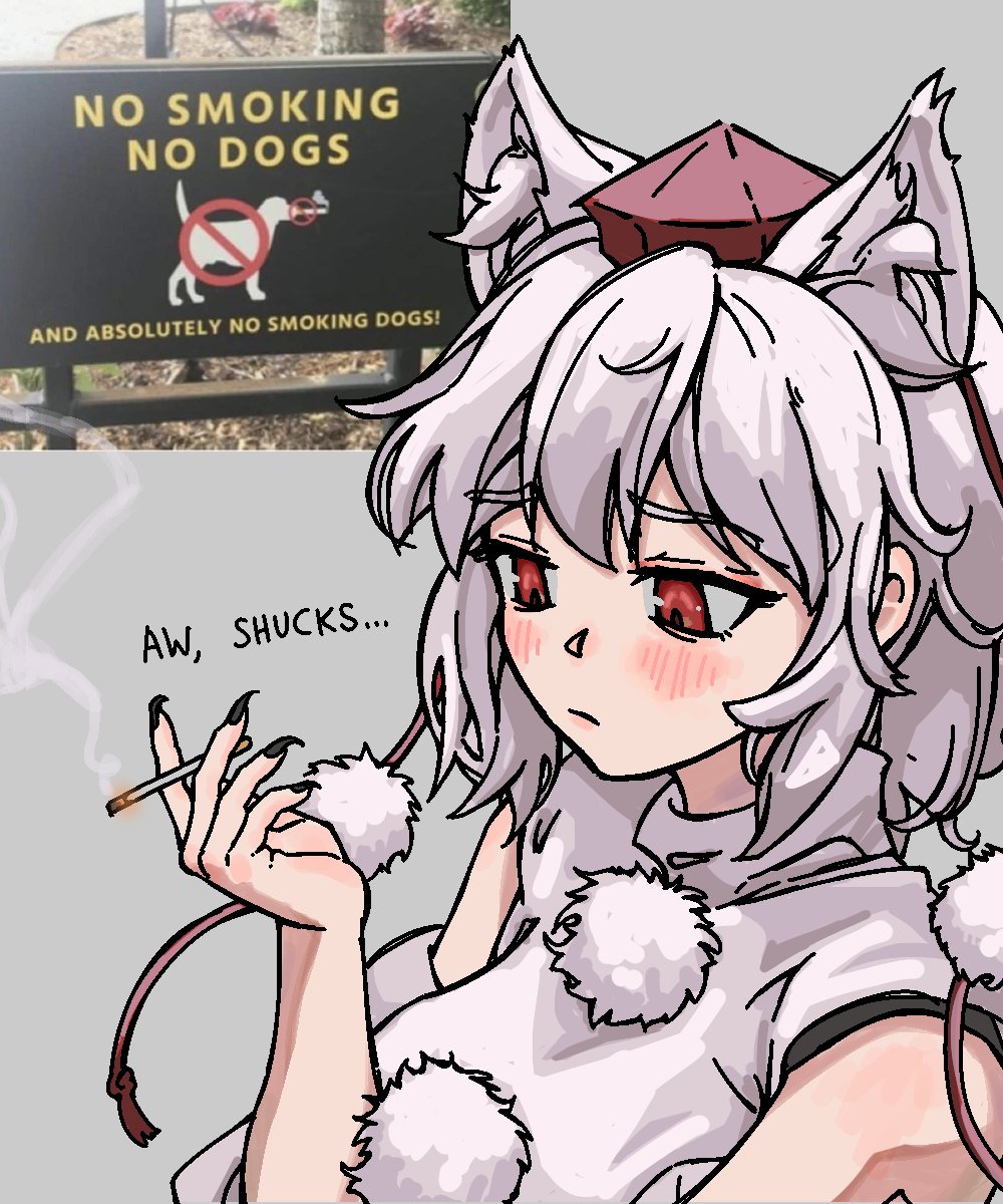 1girl, animal_ear_fluff, animal_ears, bare_shoulders, cigarette, closed_mouth, english_commentary, english_text
