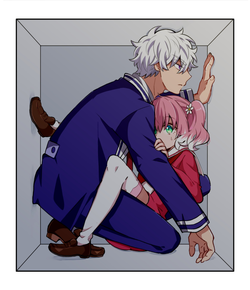 1boy, 1girl, blue_jacket, blue_pants, border, brown_shoes, closed_mouth, couple
