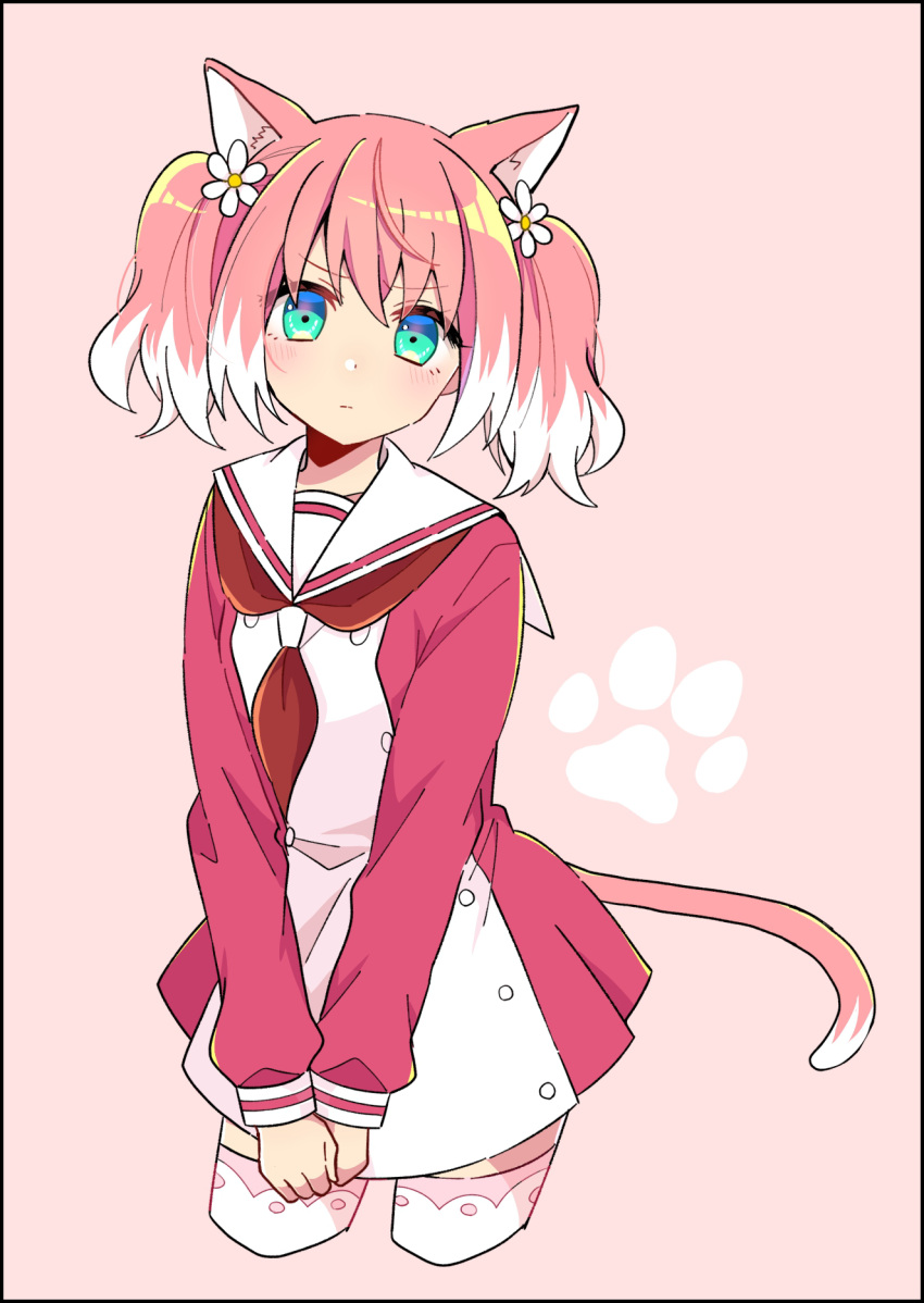 1girl, animal_ears, blue_eyes, blush, cat_ears, cat_girl, cat_tail, colored_tips