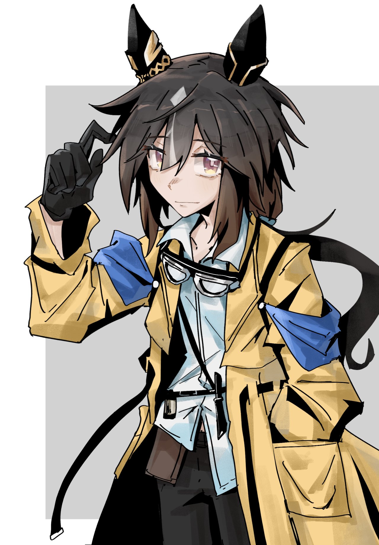 1girl, animal_ears, black_gloves, black_pants, brown_hair, coat, commentary_request, cowboy_shot