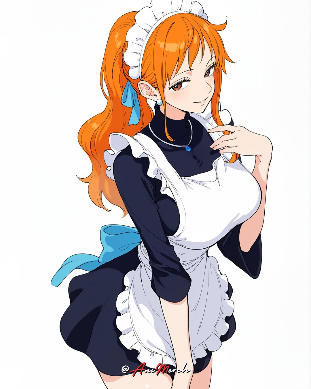 1girl, animerch_x, apron, back_ribbon, black_dress, blue_ribbon, breasts, brown_eyes, cowboy_shot, dress, earrings, english_commentary, frilled_apron, frilled_hairband, frills, hair_ribbon, hairband, high_ponytail, highres, jewelry, large_breasts, long_hair, looking_at_viewer, maid, maid_apron, maid_headdress, nami_(one_piece), necklace, official_alternate_costume, one_piece, orange_hair, parted_lips, pearl_earrings, ponytail, ribbon, sidelocks, solo, turtleneck, turtleneck_dress, twitter_username, wavy_hair, white_apron, white_background
