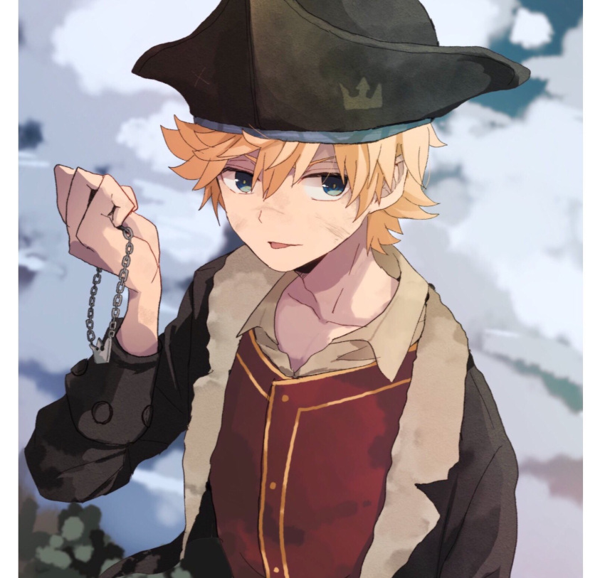 1boy, black_coat, black_hat, blonde_hair, blue_eyes, blue_sky, clouds, cloudy_sky